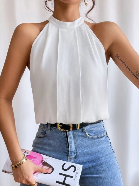 SHEIN Privé Solid Keyhole Back Halter Top | SHEIN USA White Sleeveless Top Outfit, White Halter Top Outfit, Sleeveless Top Outfit, Halter Tops Outfit, Halter Neck Blouses, White Halter Top, Women Blouses Fashion, Womens Halter Tops, White Sleeveless Top