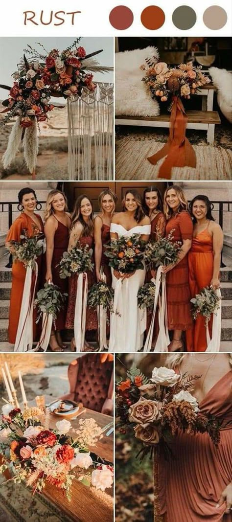 Rust Wedding Ideas, Wedding Ideas For Fall, Orange Wedding Themes, Rust Wedding, Orange Wedding Colors, Rust Bridesmaid Dress, Fall Wedding Color Schemes, Rusting Wedding, Wedding Color Pallet