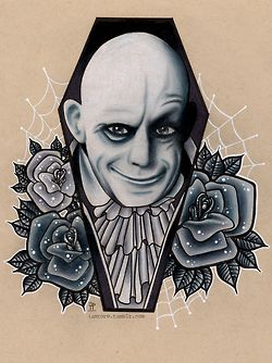 uncle fester Uncle Fester Tattoo, Addams Family Tattoo, Wednesday Addams Tattoo, Halloween Sleeve, Drawing Monsters, Uncle Fester, Nail Printer, Horror Collection, Family Tattoo Designs