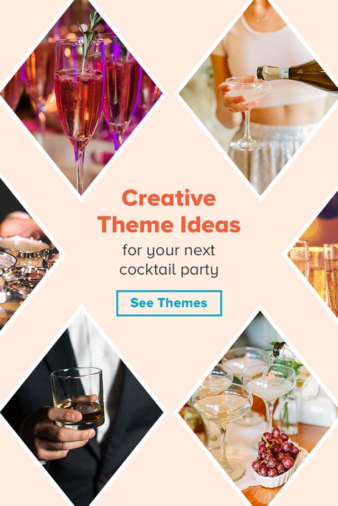 Search more than 80 fun theme ideas with food, cocktail, entertainment and décor suggestions to match. Want something elegant and glamorous? There are plenty of formal ideas for a black tie occasion. In search of party ideas for a holiday? We've got all the seasonal inspiration, spring through winter. #partythemes #partyideas #cocktailparty #partyinspo Cocktail Party Theme Decor, Theme Cocktails Party, Theme Cocktail Party Ideas, Cocktail Drink Theme Party, Themed Cocktails Party Ideas, Cocktail Party Decorations Elegant, Work Event Ideas, Wrong Choice, Cocktail Theme