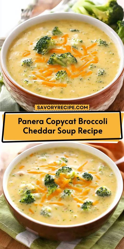 Craving a warm, creamy bowl of Broccoli Cheddar Soup like the one from Panera? This easy copycat recipe brings that delicious comfort food right to your kitchen! Save this recipe for a cozy night in or meal prep—your future self will thank you! Perfect for any soup lover! Copycat Broccoli Cheddar Soup, Best Broccoli Soup, Broccoli Cheese Soup Panera, Easy Broccoli Soup, Easy Broccoli Cheddar Soup, Panera Recipes, Easy Crockpot Soup, Panera Copycat, Creamy Broccoli Cheddar Soup