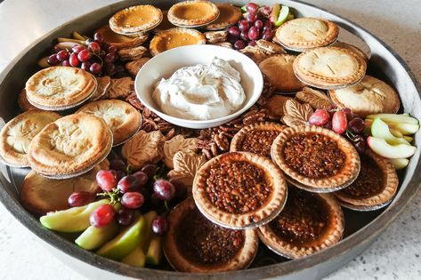 Fall Mini Pie Dessert Board #minipies #dessertboard #falldesserts Fall Dessert Party, Thanksgiving Charcuterie Board Ideas, Whipped Topping Recipe, Fall Cheese Boards, Thanksgiving Charcuterie Board, Cinnamon Whipped Cream, Thanksgiving Charcuterie, Maple Leaf Cookies, Spiced Whipped Cream