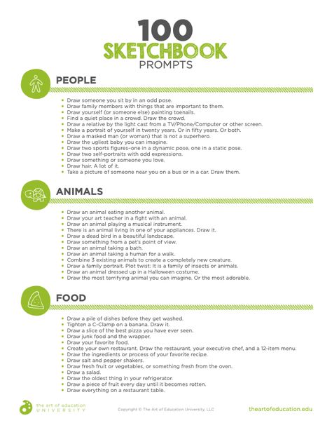 100 Sketchbook Prompts Your Students Will Love - The Art of Education University Art Sketchbook Prompts, Ap Art Prompts, Daily Sketchbook Prompts, Art Portfolio Prompts, January Sketchbook Prompts, High School Sketchbook Prompts, Sketchbook Prompts For Kids, Sketchbook Prompts, Art Journal Prompts