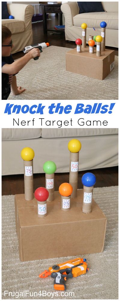 Here’s a simple Nerf game that you can put together in 5 minutes from stuff in the recycling bin! I recycled the cardboard box from our Pumpkin Patch Counting game and made this fun Nerf target.  Shoot the balls and make them fly off the cardboard tubes! We used our lightweight plastic ball pit balls … Nerf Games, Carnival Games For Kids, Diy Kids Games, Nerf Party, Indoor Kids, Indoor Games For Kids, Family Fun Games, Indoor Activities For Kids, Carnival Games