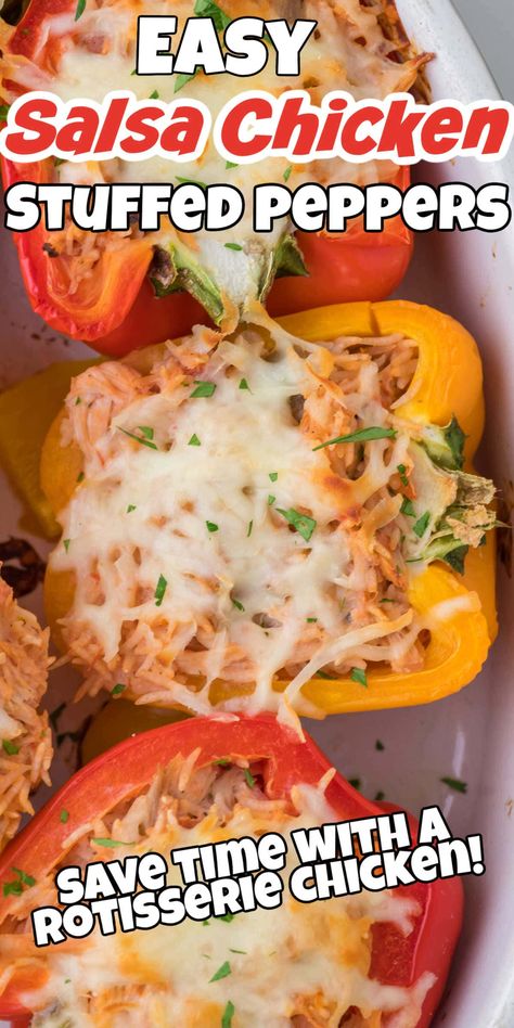 The best recipe for Salsa Chicken Stuffed Peppers! Sweet bell peppers are filled with shredded chicken and a creamy salsa mixture then topped with cheese, making them an irresistible and healthy meal. Perfect for a family dinner or meal prep. Follow for more great recipes. Shredded Chicken Stuffed Bell Peppers, Shredded Chicken Peppers, Rotisserie Chicken And Peppers, Frozen Bell Pepper Recipes, Chicken Bell Pepper Casserole, Chicken Enchilada Stuffed Peppers, Rotisserie Chicken Stuffed Peppers, Shredded Chicken Stuffed Peppers, Mexican Chicken Stuffed Peppers