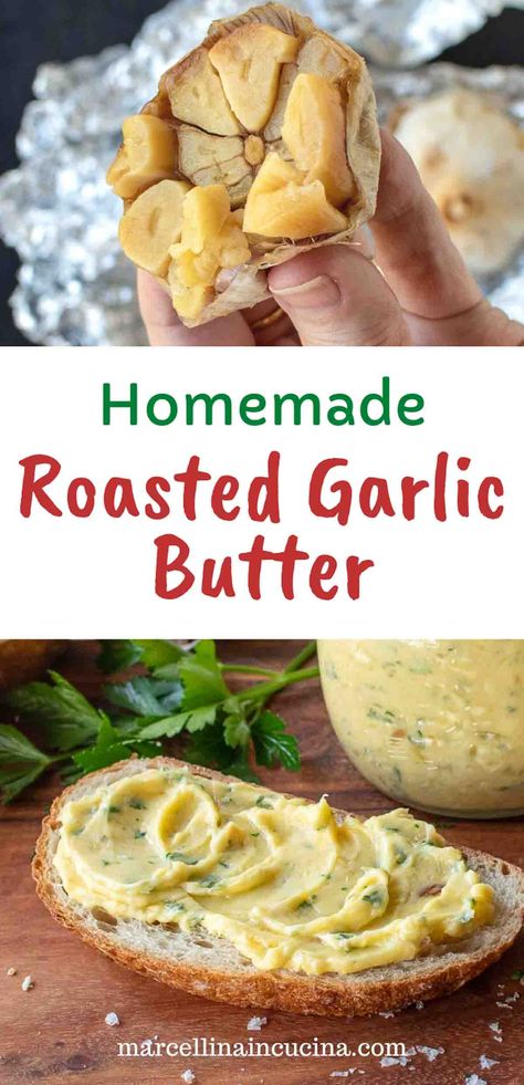 Enjoy the magical transformation of garlic with our exceptional Roasted Garlic Compound Butter recipe. Unlike ordinary recipes, our meticulously crafted blend tantalizes your palate with a harmonious balance of rich, nutty roasted garlic and velvety, creamy butter. #RoastedGarlicButter #FlavorfulDelights #CookingFromScratch #HomemadeGoodness #GourmetButter #GarlicLovers #KitchenCreations #ButterEnhancement #FoodieFaves #SavorySpreads #HomeCooking Roasted Garlic Butter Recipe, Garlic Compound Butter, Easy Roasted Garlic, Garlic Butter Recipe, Roasted Garlic Butter, Roasted Garlic Recipe, Flavored Butter Recipes, Butter Recipes Homemade, Compound Butter Recipe