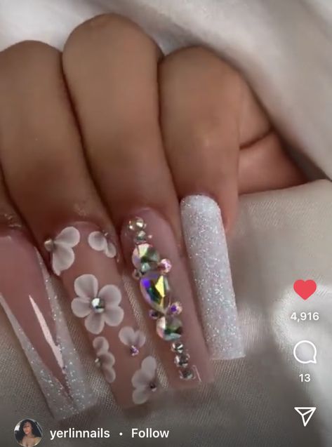 French Tip Nails With Glitter, Nails With Glitter And Rhinestones, White French Tip Nails, Nails With Glitter, 3d Flower Nails, White French Tip, Fashion Things, Long Nail, Flower Nail Designs