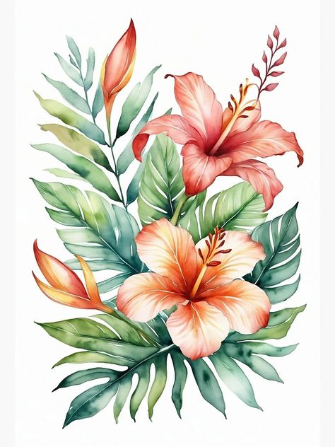 "Tropical Flowers Watercolor Wall Art" Art Print for Sale by VisionVibesArt | Redbubble Tropical Flower Painting, Tropical Flowers Watercolor, Bathroom Mural, Jungle Flowers, Tropical Watercolor, Watercolor Wall, Flowers Watercolor, Tropical Design, Tropical Art