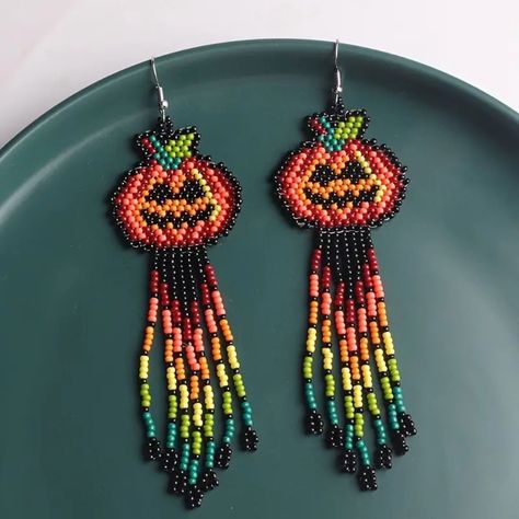 Gorgeous, Beautiful, Bright Colored Good Quality But Substantially Long Evenings Are Probably Overall 5 To 6 Inches Long So They Will Touch Your Shoulders So If You Like A Big Lightweight Statement Earring, These Are For You Beaded Earrings Christmas, Halloween Beading Patterns, Beaded Fall Earrings, Heart Beaded Earrings, Beaded Thanksgiving Earrings, Halloween Beadwork, Native Beading, Halloween Fringe Earrings, Pumpkin Fringe Earrings