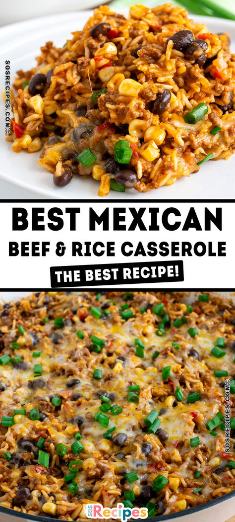 Ground beef, black beans, corn, bell pepper and rice are cooked together for the best Mexican-style, one-skillet meal. Beef Beans And Rice, Ground Beef And Spanish Rice Recipes, Dinner With Black Beans, Ground Beef Corn Recipes, Wild Rice And Beef Recipes, Ground Beef Black Beans Recipes, Mexican Rice Casserole Beef, Easy Ground Beef And Rice Recipes, Beef And Pepper Rice Bowl