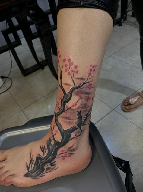 Tattoo of a Sacura tree. The cat is sitting in a branch looking at the full moon. Cat In A Tree Tattoo, Cat Tree Tattoo, Cat And Tree Tattoo, Tree Tattoo, Tattoos Ideas, Cat Tattoo, A Tree, Tatting, Tattoo Ideas