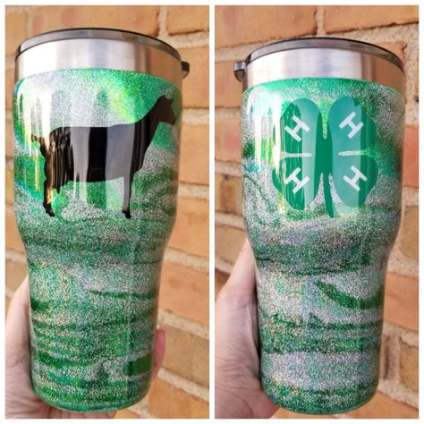 Custom 4H tumbler! Fun! 4h Buyers Gift Ideas, Stall Decorations, Yeti Cup Designs, Epoxy Crafts, Award Ideas, Glitter Tumbler Cups, Cup Crafts, Glitter Tumblers, Custom Tumbler Cups