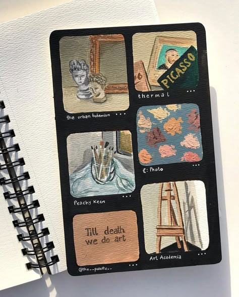 Art Page Ideas For Instagram, Cutout Sketchbook Pages, Painting For Sketchbook, Acrylic Journal Painting, Art Acrylic Painting Ideas Inspiration, Acrylic Painting On Sketchbook, Fun Sketchbook Pages, Painting Sketchbook Cover, Instagram Art Page Ideas