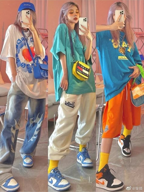 Colorful Streetwear Women, Harajuku Streetwear, Tomboy Style Outfits, Swaggy Outfits, Tomboy Fashion, Harajuku Fashion, Colourful Outfits, Teen Fashion Outfits, Retro Outfits