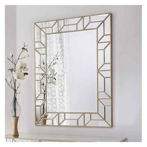 Beautiful rectangular mirror in a painted gold finish perfectly matched to the Verbier Console.  W890 x H 1180 mm Gold Wall Mirror, Geometric Mirror, Rectangular Wall Mirror, Mirror Paint, Plain Curtains, Gold Mirror Wall, Art Deco Mirror, Mirror Painting, Gold Wall