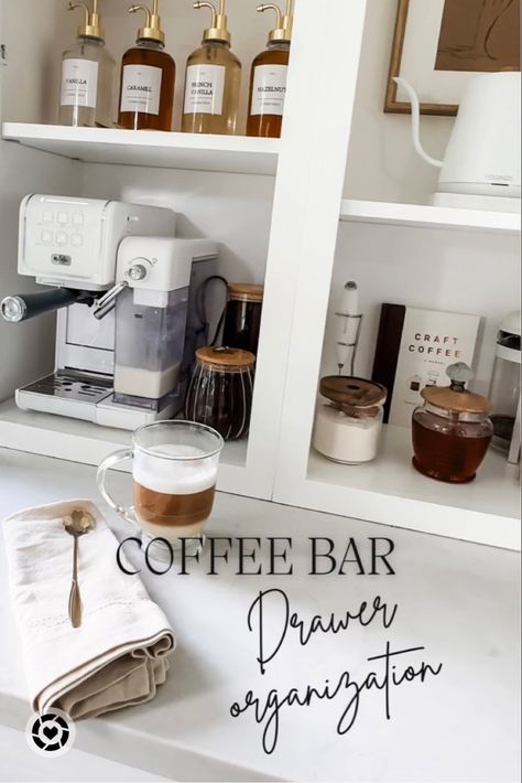 Coffee Bar Drawer Organization Coffee Drawer Organization, Coffee Bar Organizer, Coffee Bar Styling, Coffee Organization, Tea Organization, Gift For Coffee Lover, Home Coffee Stations, Coffee Jars, Coffee Nook