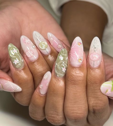 Sakura green tea 🍵 she’s off to Japan! ✧ : *✧ ib @oaklestudio :* ✧ *✧: #gelnails #nailinspo #nailinspiration #nailart #naildesigns #nailartinspo #nailsoftheday #gelx #gelxnails #apresgelx #handpaintednails Sakura Nails, Nails Inspiration, Nail Inspo, Green Tea, Pink And Green, Gel Nails, Nail Designs, Nail Art, Hand Painted