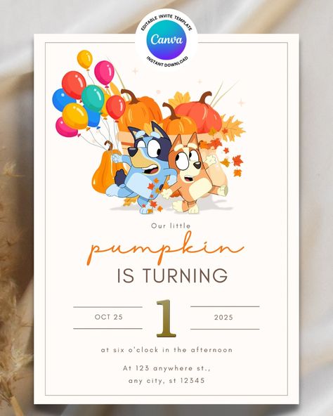 Fall Themed Bluey Birthday Invitation . . . #birthdayinvitations #kidsbirthdayparty #kidsinvitations #kidsparty #kidsbirthday #kidsbirthdaytheme #blueybirthday #kidsbirthdayideas #mahmabyrd Fall Bluey Birthday, Bluey Birthday Party Invites, Bluey Party Ideas, Bluey Birthday Invitation, Bluey Party, Kids Birthday Invitation, Bluey Birthday, Kids Birthday Theme, Printable Invitation Templates