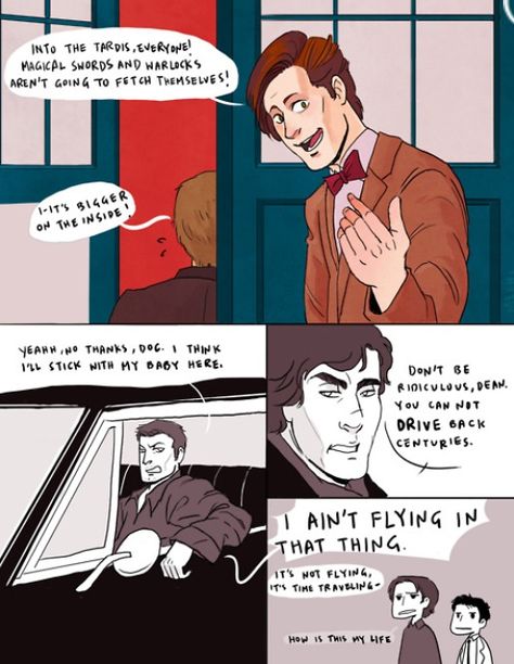 Superwholock (with Merlin honorable mention!) Superwholock Fanart, Merlin Series, The Tardis, Fandoms Unite, Wayward Son, Fandom Crossover, Supernatural Funny, Timey Wimey Stuff, Supernatural Fandom