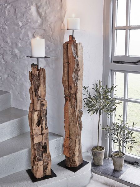 How to Fit Driftwood Furniture into Your Home Decor | L'Essenziale Driftwood Flooring, Driftwood Candle Holders, Koti Diy, Driftwood Candle, Driftwood Furniture, Interior Boho, Floor Candle Holders, Driftwood Projects, Floor Candle