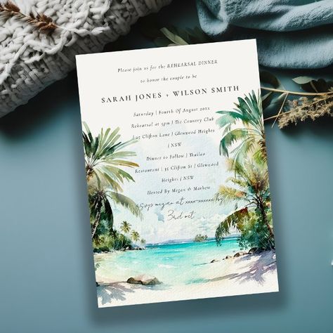 Rustic Tropical Beach Palm Trees Rehearsal Dinner Invitation Wedding Trifold, Palm Tree Wedding Invitations, Beach Wedding Invitation, Tree Wedding Invitations, Exotic Wedding, Palm Tree Beach, Beachy Wedding, Tropical Beach Wedding, Watercolor Tropical