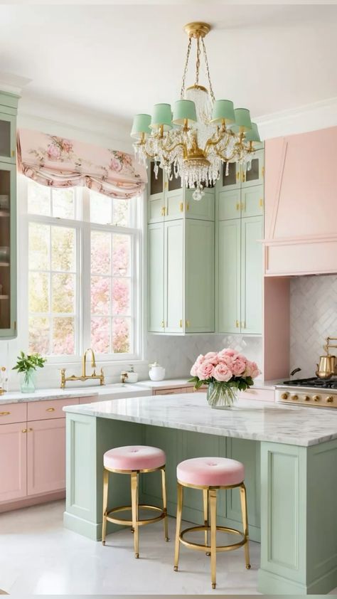 Charming Kitchen Bliss #KitchenInspo #HomeDesign #KitchenVibes #FloralDecor #CozyInteriors #InteriorDesign #DreamKitchen Pink And Green Kitchen Ideas, Pink And Green Kitchen, Cute Kitchens, Mint Green Kitchen, Charming Kitchen, Kitchen Shelves, Kitchen Style, Modern Kitchen Design, Kitchen Organization