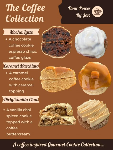 Introducing a unique line of coffee cookie recipes: The Coffee Collection! This bundle features three unique & creative coffee themed cookies! By purchasing this bundle, you are purchasing the collection, which will include ALL 3 recipes at 20% off original price! *includes recipes only* Caramel Macchiato: A caramel and coffee flavored cookie with caramel topping Dirty Vanilla Chai: A vanilla chai spiced cookie topped with a coffee frosting Mocha Latte: A chocolate coffee cookie topped with a coffee glaze Chocolate Mocha Cookies, Unique Cookie Flavor Recipes, Caramel Macchiato Cookies, Chai Latte Cookies, Coffee Cookie Recipes, Unique Cookie Flavors, Pizza Dinner Recipes, Coffee Flavored Cookies, Cookie Recipes Gourmet