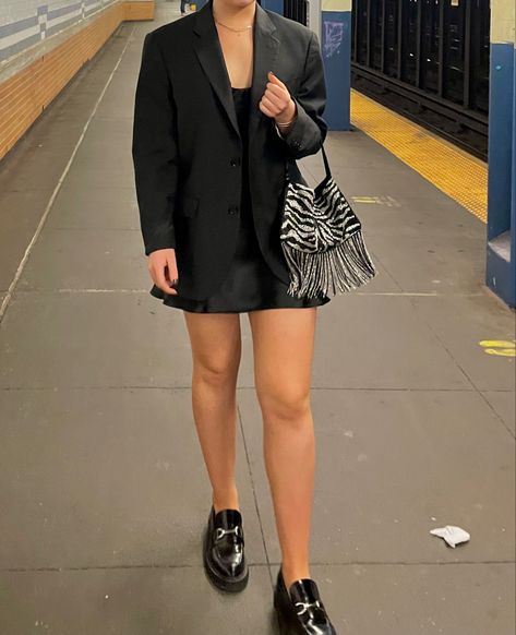 Satin Dress With Loafers, Silk Dress With Loafers, Black Slip Dress With Blazer, Black Loafers With Dress, Black Mini Slip Dress Outfit, Black Dress And Loafers Outfit, Black Dress With Loafers, Slip Dress With Blazer, Slip Dress And Blazer