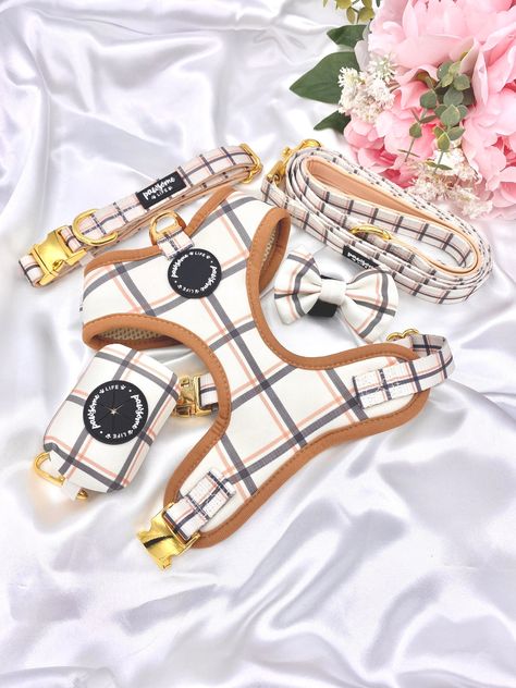 Dog Harness Pattern, Designer Dog Harness, Cute Dog Harness, Dogs Accessories, Dog Poop Bag Holder, Plaid Dog Collars, Puppy Harness, Cute Dog Collars, Poop Bag Holder