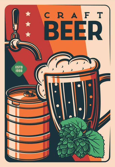 Craft beer tankard retro poster, vintage card Pub Poster Design, Beer Packaging Design, Beer Poster, Beer Packaging, Bar Art, Vintage Beer, Vintage Card, School Tattoo, Event Poster