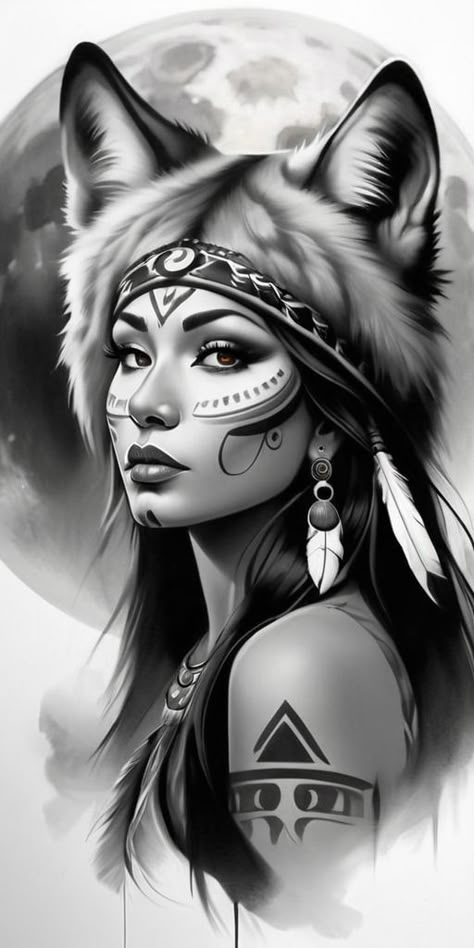 Wolf And Girl Tattoo, Girl Face Tattoo Design, Indian Girl Tattoo, Half Sleeve Tattoos Wolf, Indian Chief Tattoo, Wolf Face Tattoo, Girl Tattoo Design, Face Tattoo Design, Wolf Girl Tattoos