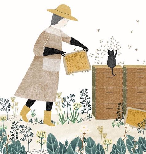 Beautiful beekeeper illustration by @emme.norma Beekeeper Drawing, Beekeeper Illustration, Hive Illustration, Beekeeper Art, Honey Bee Illustration, Bees Illustration, Honey Illustration, Bee Artwork, Cut Paper Illustration