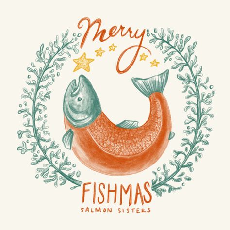 Merry Fishmas Gift Card Beach Holiday Card, Salmon Sisters, Merry Fishmas, Fabric Inspiration, Wooden Boxes, In Time, Holiday Cards, Christmas Holidays, Holiday Gifts