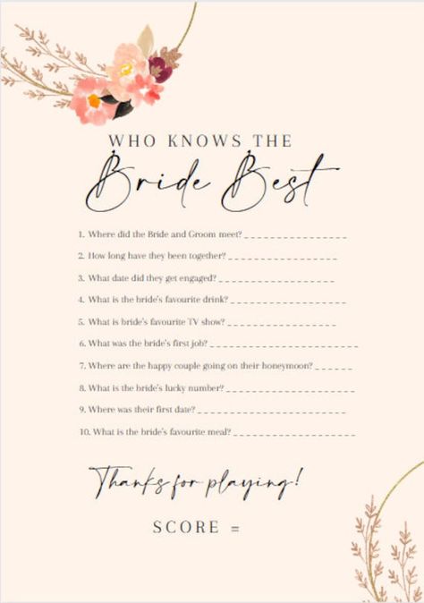 Who Knows The Bride Best Bridal Shower Game | Instant Download The template is an instant download that is extremely easy to use and can be printed at home! *This listing is for a digital product. Please note you will NOT receive a physical item in the mail.* ---------------------------------------------------------------- Questions about this instant download game? Feel free to reach out! ---------------------------------------------------------------- Files are for personal use only. These can Games For Bride To Be, Bride Question Game, This Or That Questions Bride, Bridal Shower Notes To Bride, Who Knows The Bride The Best Game, Bride To Be Games, Who Knows Bride Best Game, Who Knows The Bride Best Questions, Who Knows The Bride Best Game