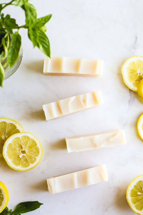 Lemon-Basil Shea Butter Soap - A cold-process soap that's great for your skin, moisturizing, and luxurious! Pamper yourself with homemade soap! It's also great for gifting! Get the recipe at sarahjhauser.com! | Sarah J. Hauser #soapmaking #coldprocesssoap #diy #giftideas #homemadegifts Basil Soap, Shea Butter Diy, Coconut Oil Remedies, Shea Butter Recipes, Green Tea Toner, Cold Process Soap Recipes, Lemon Soap, Healing Recipes, Butter Recipes