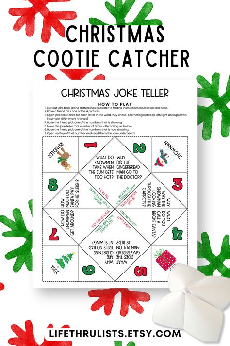 Discover the perfect Christmas activity for kids with our Christmas Joke Teller! A festive cootie catcher with hilarious Christmas jokes to keep little ones giggling throughout the season. Pin now, and make your holiday merry and bright! Christmas Cootie Catcher Free Printable, Cootie Catcher Template, Christmas Jokes For Kids, Christmas Activity For Kids, Classroom Halloween Party, Cootie Catcher, Printable Christmas Games, Elf Activities, Christmas Jokes