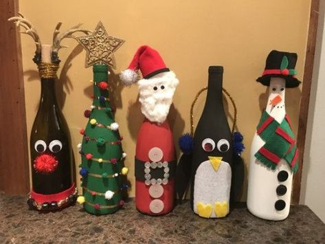 Christmas Wine Bottle Crafts | HubPages Cheap Christmas Decor, Store Christmas Decor, Dollar Store Christmas Decor, Wine Bottle Crafts Christmas, Christmas Wine Bottle, Christmas Wine Bottles, Dollar Store Christmas, Wine Bottle Diy Crafts, Painted Wine Bottles