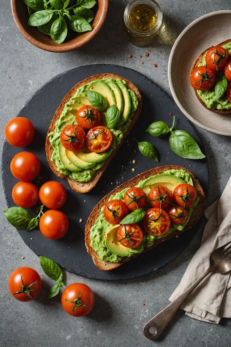 A photo of a  Avocado Toast with Roasted Tomatoes which is a type of Avocado toast Avocado Toast With Fried Egg, Cultural Breakfast, Toast Combinations, Brunch Plating, Toast Photography, Breakfast Food Ideas, Toast Aesthetic, Gourmet Toast, Simple Avocado Toast