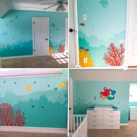 Under the sea mural . Acrylic on drywall. Ariel mermaid Mural Ocean, Under The Sea Playroom, Under The Sea Kids Room, Under Sea Mural, Under The Sea Bedroom Kids, Ocean Mural Bedroom, Ocean Wall Mural, Under The Sea Room, Under The Sea Bedroom Ideas