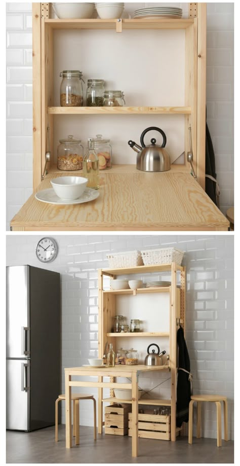 IKEA launches space-saving shelving unit with foldable table #smallspace #compactliving Space Saver Kitchen Table, Space Saving Kitchen Table, Furniture Space Saving, Ikea Small Spaces, Small Kitchen Decoration, Space Saving Apartment, Space Saving Shelves, Diy Space Saving, Small Kitchen Tables