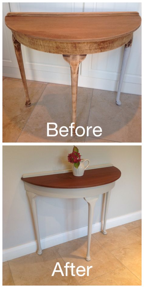 Mahogany half moon table painted in Autentico Almond chalk paint. Table top dark waxed and clear wax on legs. Paint Table Top, Painted Chairs Diy, Diy Entry Table, Chalk Paint Table, Paint Table, Half Moon Table, Half Moon Console Table, Half Table, Moon Table