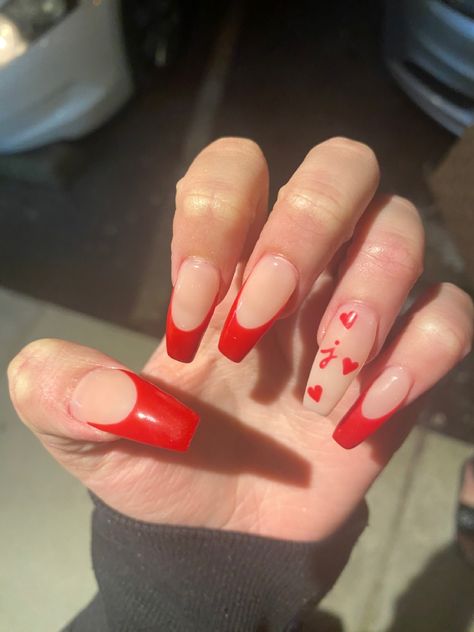 red french tip nails in coffin shape Nail Inspo Coffin Initial, Simple Valentines Nails With Initial, Cute Nail With Initial, February Nails Ideas Valentines Day With Initial, Nails With The Letter V On Them, Valentines Day Nails With Letter, Nails With Hearts And Initials, Initial Nails With Heart, French Tip Nails With Initial Design