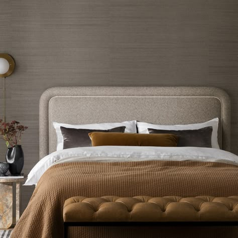 Indulge in the comforting curves of the Waldon bed head. Explore premium textiles like Bergen caramel. Elevate your bedroom – shop now at Heatherly. Australian Bedroom, Fabric Bed Headboard, Bed Heads, Curved Bed, Bespoke Beds, Bed Headboard Design, Linen Bed, Curved Headboard, Fabric Headboard