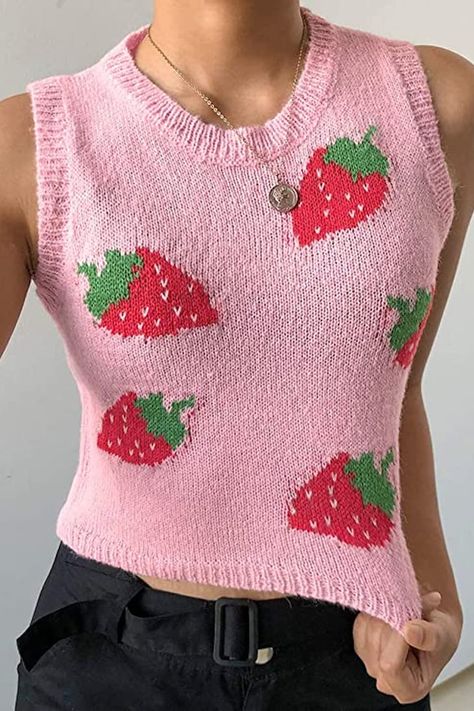 Shop Millie Bobby Brown's Strawberry Sweater Vest on Amazon Crop Top Styles, Preppy Mode, Pink Sweat, Pull Rose, Sleeveless Sweater Vest, Kawaii Crochet, Knit Outerwear, Concert Outfits, Estilo Preppy