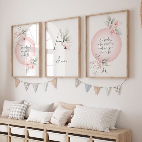 Personalised Girly Wall Art, Set of 3 Pink Posters with Custom Quotes, Name Initial, Inspirational Gift for Her, Coquette Room Decor Prints You Are So Loved, Daisy Bedroom Ideas, Mauve Nursery, Daisy Bedroom, Daisy Nursery, Wildflower Decor, Baby Room Wall Decor, Boho Nursery Decor