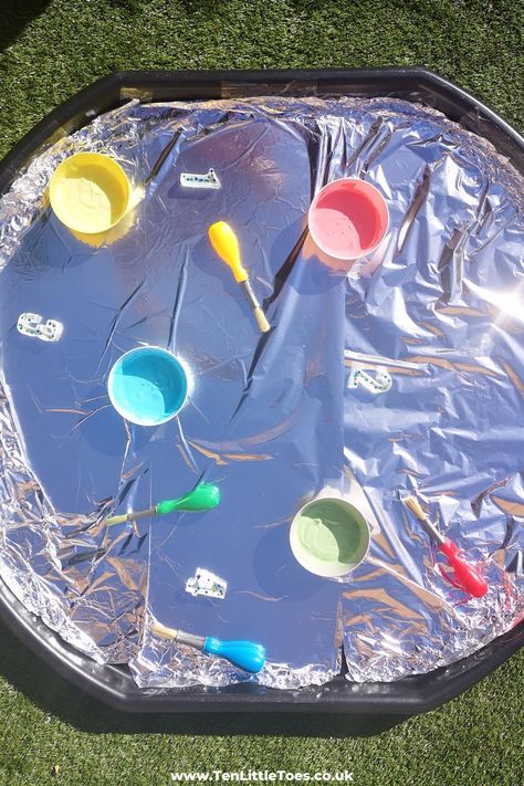 Tuff Tray Ideas One Year Old, Tiff Tray Ideas Eyfs, Paint Tuff Tray Ideas, No Mess Tuff Tray Ideas, Outdoor Tuff Trays Eyfs, Painting Ideas Eyfs, Sensory Tough Tray Ideas, Summer Eyfs Activities Toddlers, Messy Activities Eyfs