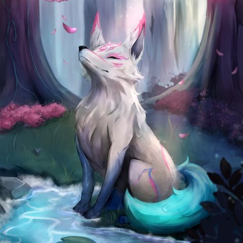 Fox Spirit Art, Kitsune Character, Kitsune Spirit, Kitsune Fox Spirit, Ahri Fanart, Spirit Blossom Ahri, Spirit Blossom, Canine Drawing, Fox Boy