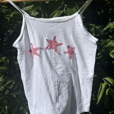 white tank with gingham star pattern! perfect for... - Depop Patchwork Tank Top Diy, Tank Top Diy, Patchwork Tank Top, Tank Tops Diy, Patch Clothes, Sewing Designs, Patchwork Tee, Patchwork Diy, Thrift Flips