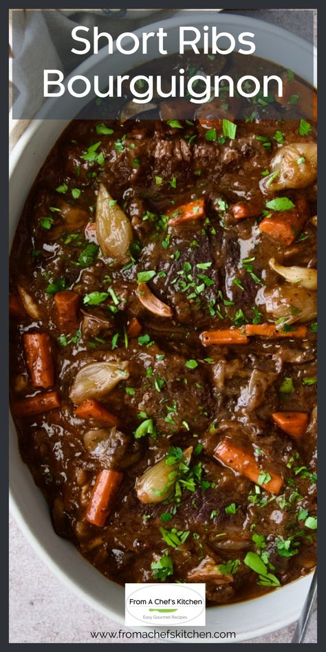 Here's how to do this classic French country beef dish with short ribs! Short Ribs Bourguignon is slow-cooked in red wine along with bacon, onions, carrots, mushrooms and herbs for a deep, rich flavor that complements the beef perfectly. Braised Beef Short Ribs Dutch Ovens Le Creuset, Cider Braised Short Ribs With Caramelized Onions, Short Rib Bourguignon, Beef Short Rib Vegetable Soup, Recipes Using Beef Short Ribs, French Onion Short Rib Soup, Beef Borgenion, Stove Top Short Ribs, French Onion Short Rib Soup With Cheesy Gruyère Toast