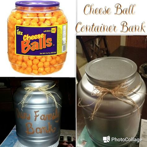 Cheese ball container bank craft idea YOU NEED: Empty Cheese Ball Container -Silver spray paint -Ratan bow -Glue -Paint to write your saying INSTRUCTIONS: Clean container, peel off cheese ball sticker, spray paint container and lid- let dry, glue ratan bow on to container- let dry, paint your wording of choice on (I chose Our Family Bank, other ideas- Our Family Vacation Fund, (your last name) Family Bank, Our Family Funds) Cheese Ball Container Ideas, Cheese Ball Container Crafts, Upcycling Jars, Folgers Coffee Container, Repurposed Containers, Container Crafts, Reuse Bottles, Popcorn Tin, Diy Recycled Projects